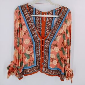 Free People Freshly Squeezed Orange Fruit Print Summer Blouse Tie Sleeve Slouchy